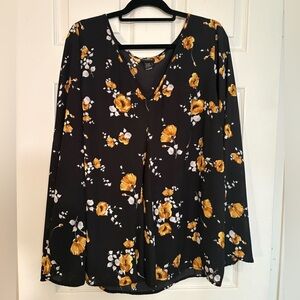 Torrid Black V-Neck Blouse with Yellow Floral Print